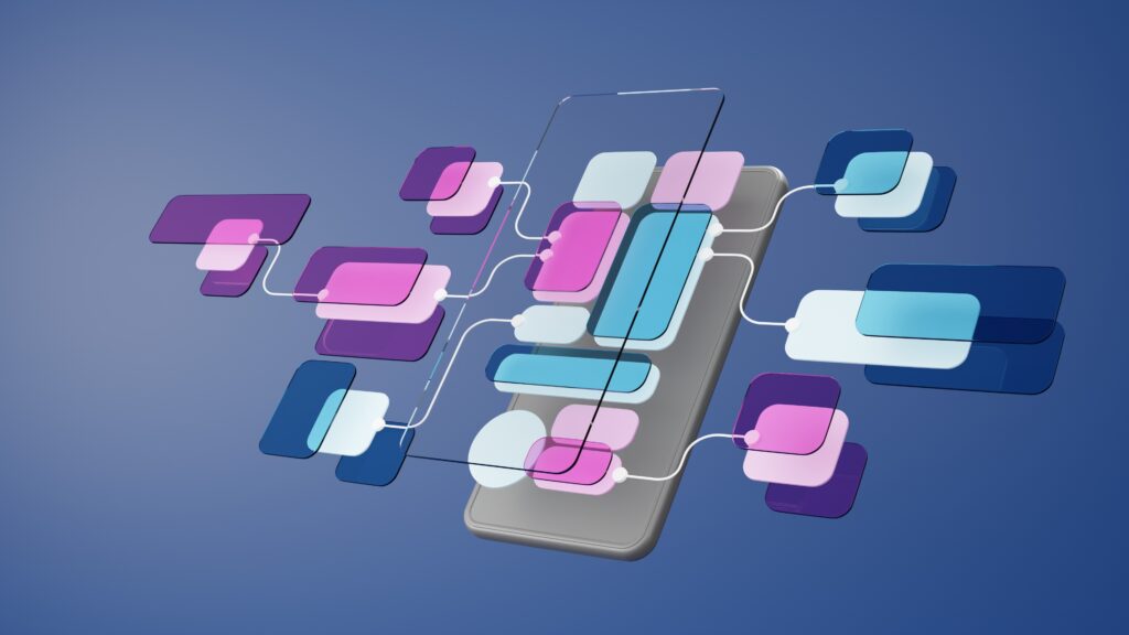 Illustration eines Smartphones mit vernetzten App-Symbolen in Blau und Pink, Darstellung digitaler Datenflüsse.